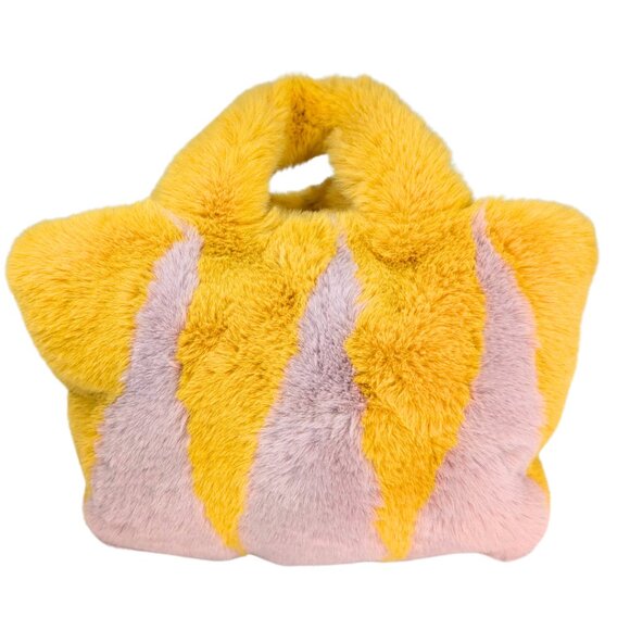 Faux Fur Yellow Pink Fuzzy Small Lined Crossbody Satchel Shoulder Bag - Picture 3 of 9